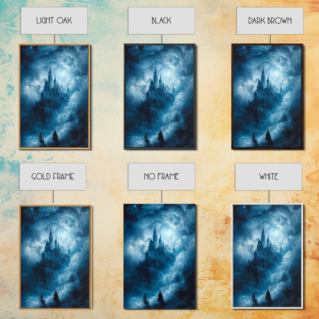 Blue Gothic Castle In Storm Clouds Framed Canvas Print, Dark Fantasy Wall Art, Moody Castle Poster For Bedroom Decor Gift