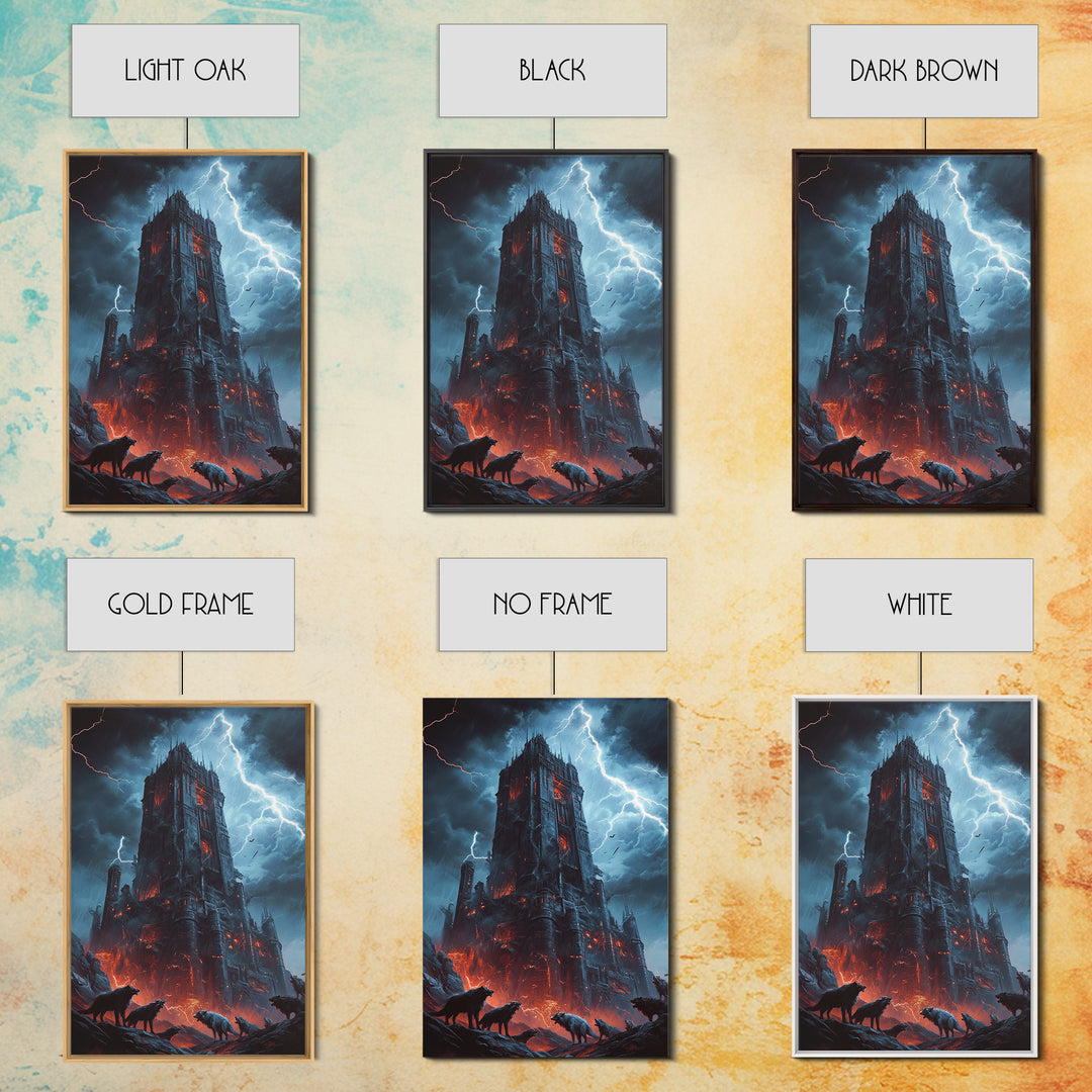 Fiery Gothic Fortress With Lightning And Wolves Wall Art, Dark Fantasy Framed Canvas Print, Horror Castle Decor Gift For Him