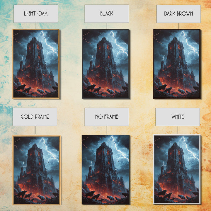 Fiery Gothic Fortress With Lightning And Wolves Wall Art, Dark Fantasy Framed Canvas Print, Horror Castle Decor Gift For Him
