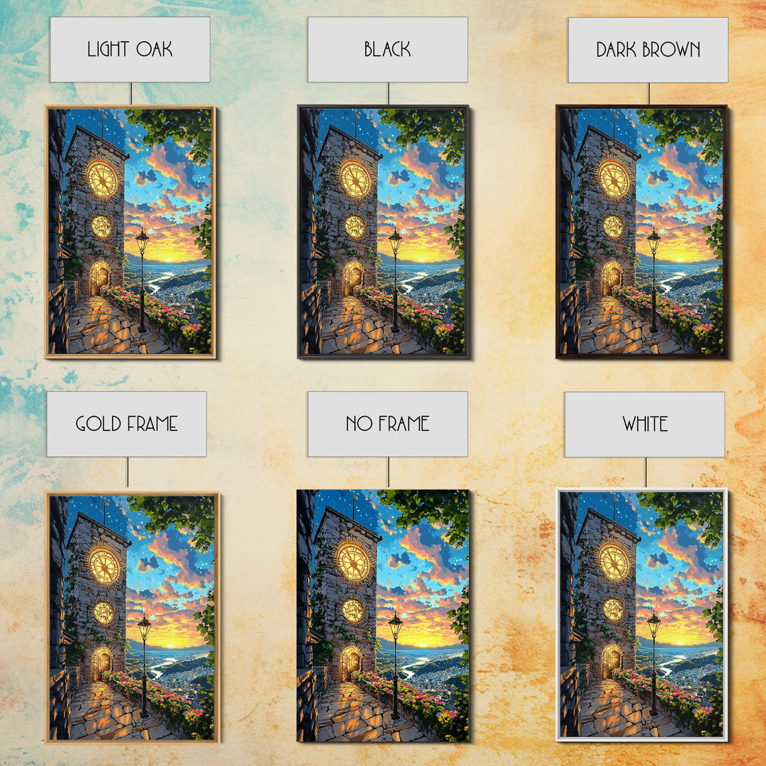 Glowing Clock Tower Over Coastal Village Canvas Print, Mediterranean Landscape Wall Art, Italy Travel Poster Home Decor Gift