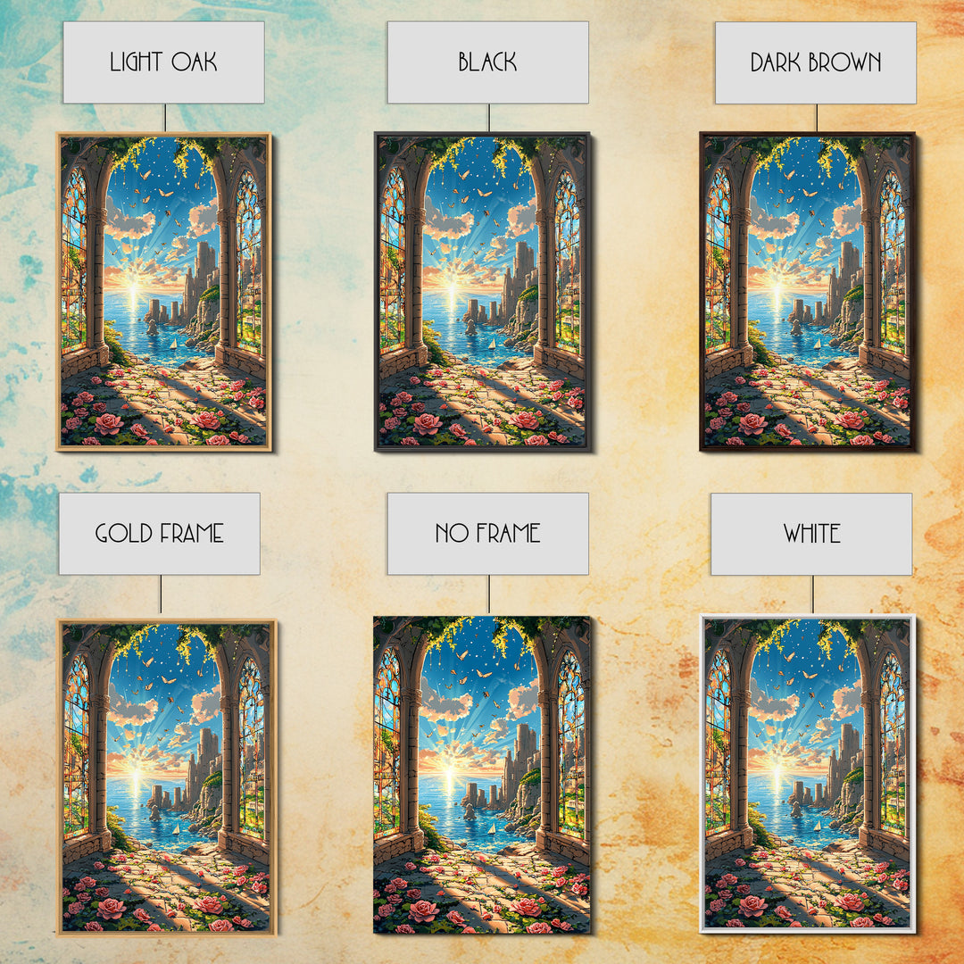 Sunlit Stained Glass Arch Ocean Ruins Framed Canvas Print, Coastal Wall Art, Rose Garden Decor, Fantasy Seascape Art Gift