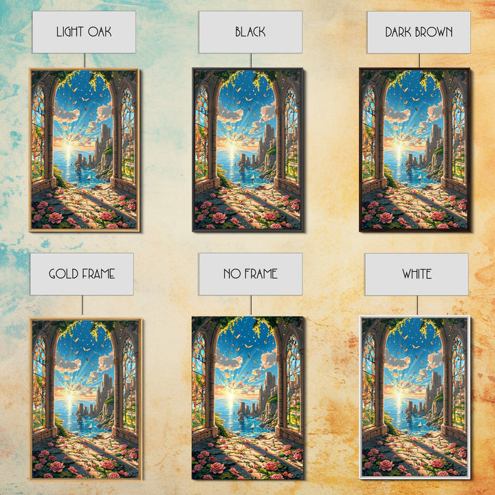 Sunlit Stained Glass Arch Ocean Ruins Framed Canvas Print, Coastal Wall Art, Rose Garden Decor, Fantasy Seascape Art Gift