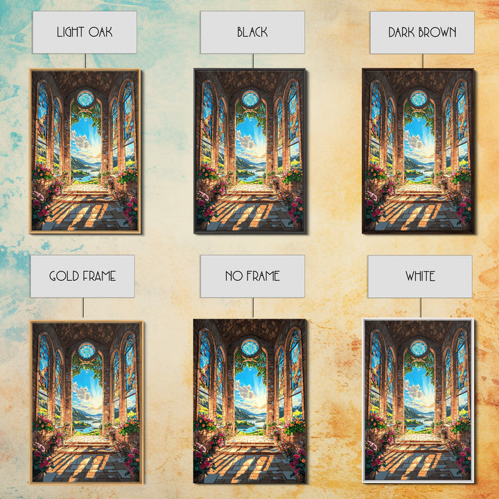 Cathedral Window Lake Vista Framed Canvas Print, Stained Glass Wall Art, Floral Garden Decor, Serene Coastal Landscape Art