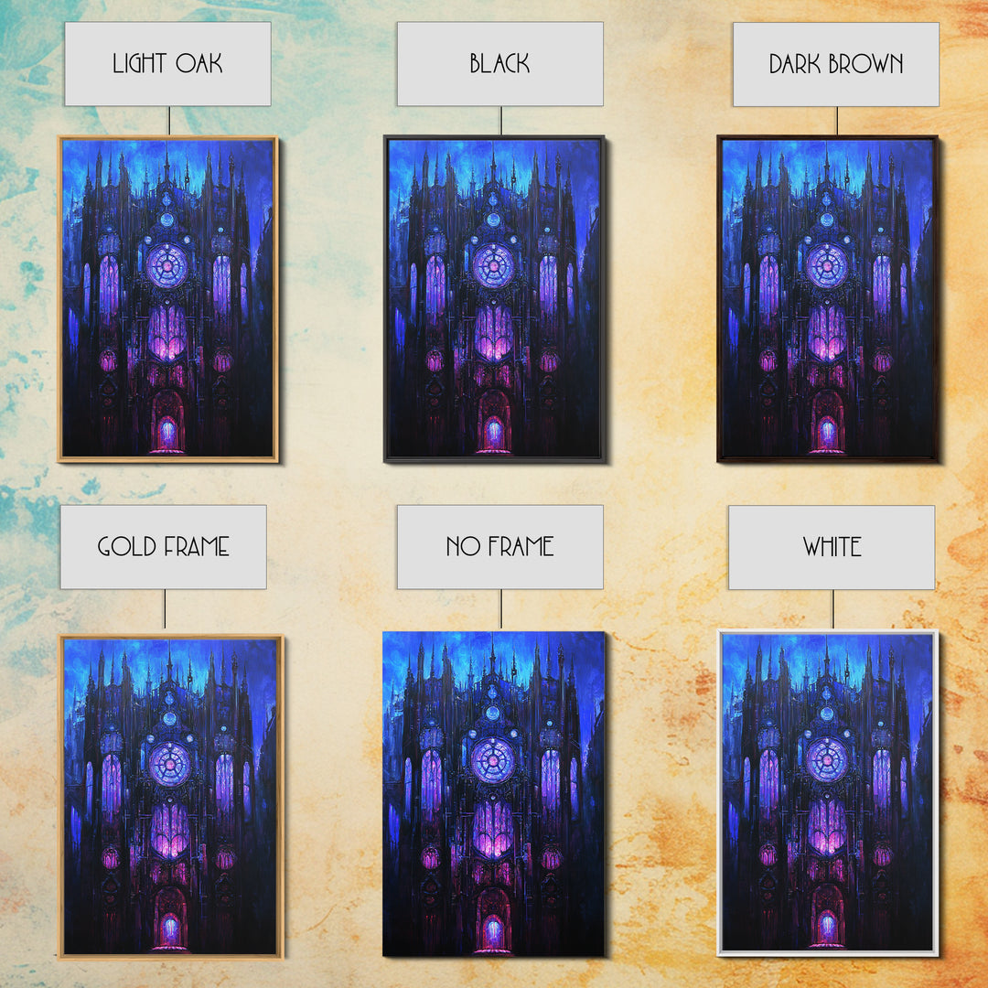 Blue Gothic Clockwork Cathedral Canvas Print, Dark Academia Wall Art, Purple Stained Glass Decor, Moody Fantasy Art Poster