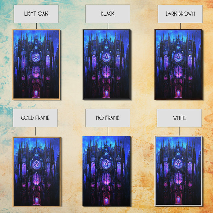 Blue Gothic Clockwork Cathedral Canvas Print, Dark Academia Wall Art, Purple Stained Glass Decor, Moody Fantasy Art Poster