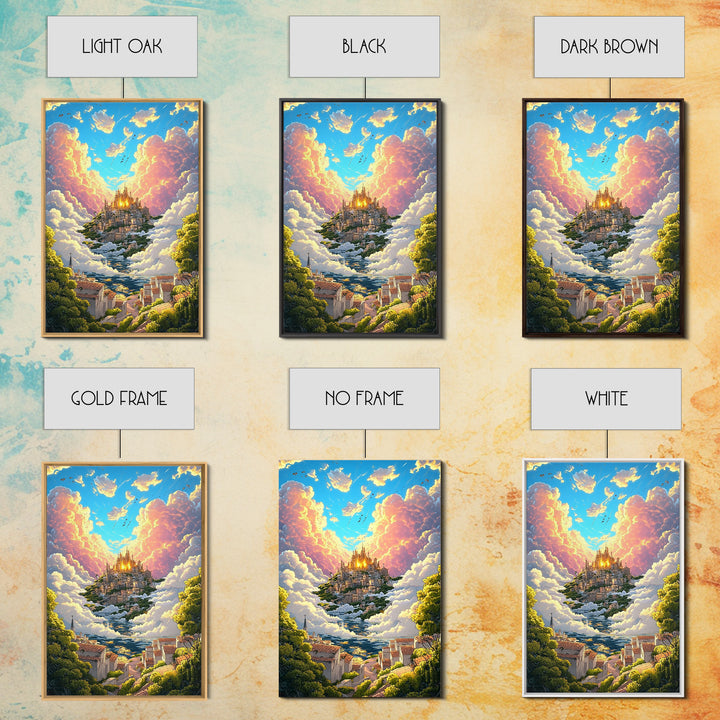 Heavenly Cloud City Above Coastal Village Canvas Print, Fantasy Wall Art, Colorful Landscape Decor, Dreamy Sunlit Poster
