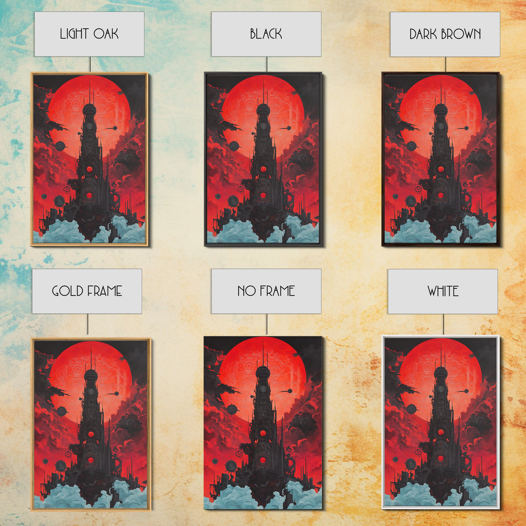 Red Moon Futuristic Tower Wall Art, Dark Sci Fi Cityscape Poster, Cyberpunk Gothic Decor For Gaming Room And Office Decor