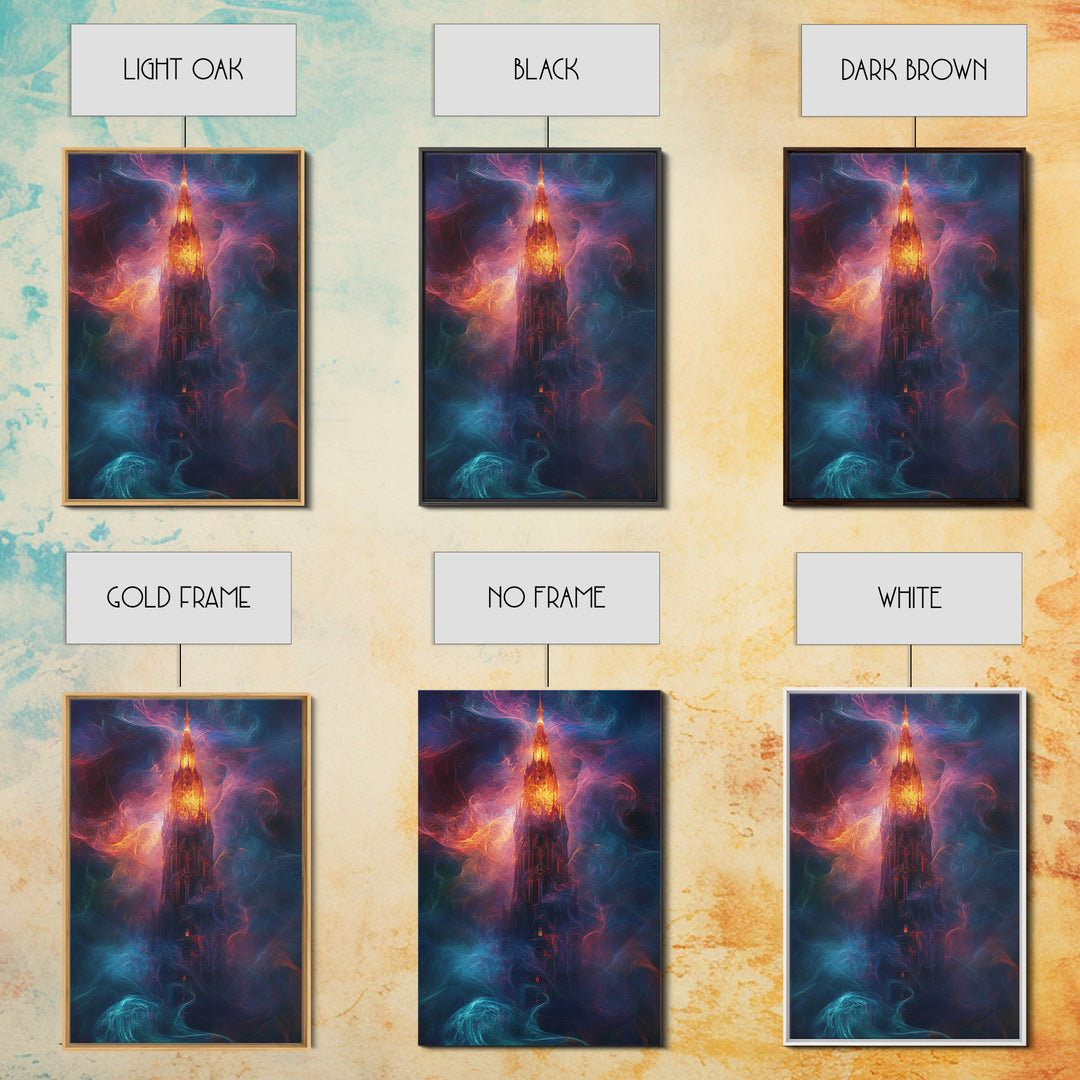 Fiery Gothic Tower Framed Canvas Print, Dark Fantasy Abstract Art, Moody Surreal Wall Decor For Office And Living Room Art