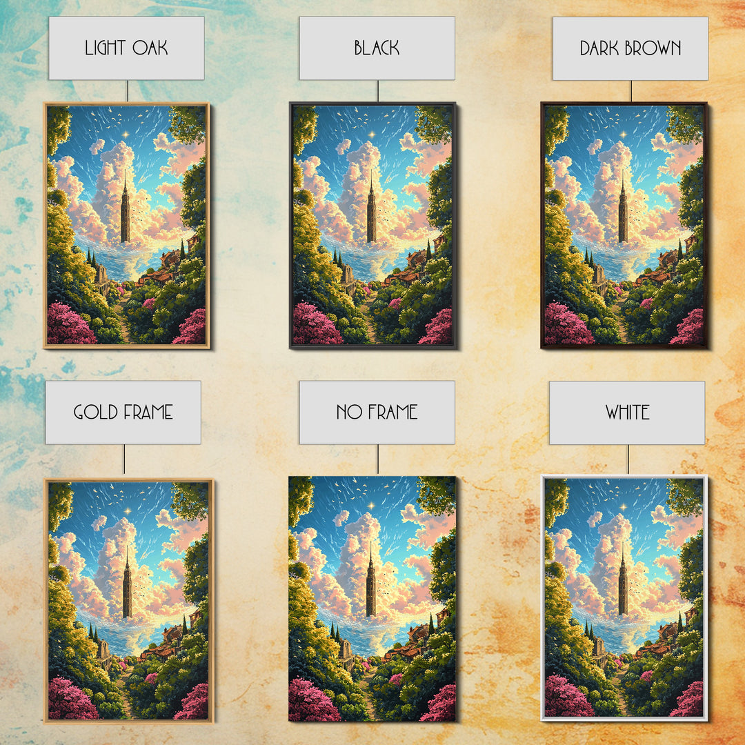 Floating Cloud Tower Canvas Print, Whimsical Fantasy Landscape Wall Art, Dreamy Garden Decor For Bedroom And Nursery Gift