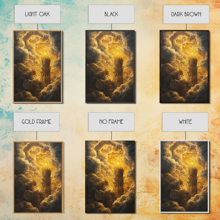 Golden Celestial Tower In Storm Clouds Canvas Print, Dark Fantasy Wall Art, Steampunk Castle, Gothic Living Room Decor Print