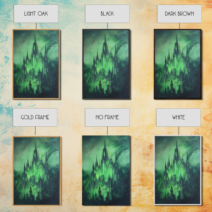 Emerald Gothic Castle In Misty Forest Wall Art, Dark Fantasy Decor, Moody Green Gothic Wall Decor, Magical Castle Print Poster