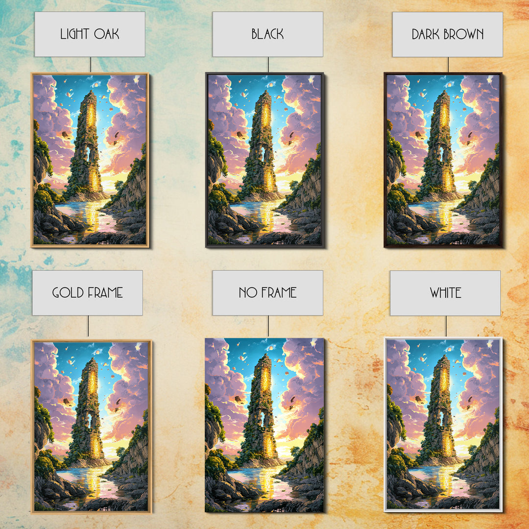 Sunlit Ruined Tower With Golden Portal Canvas Print, Fantasy River Landscape Art, Vibrant Coastal Wall Decor, Magical Home Decor