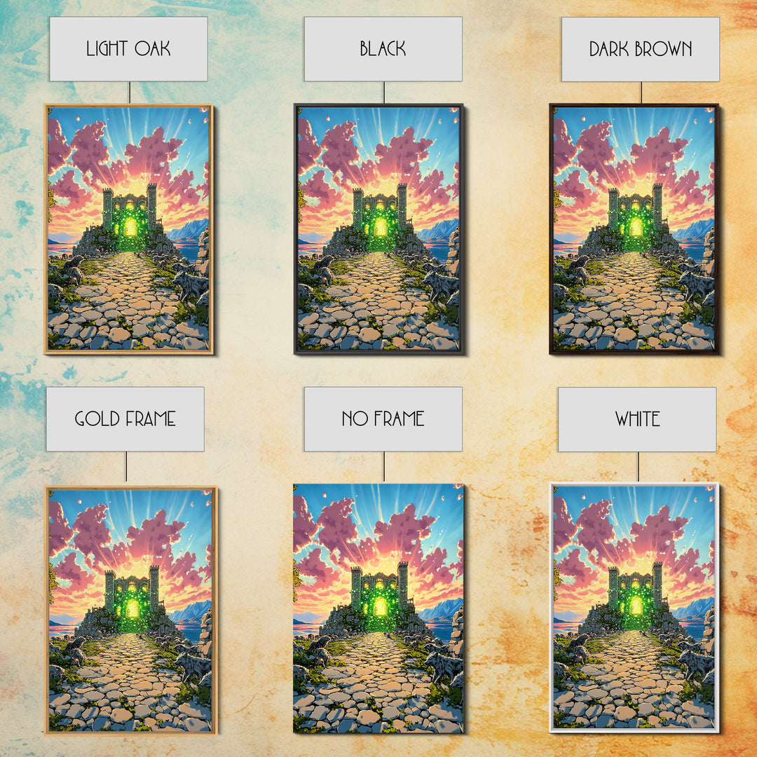 Glowing Green Ruined Castle Path Framed Canvas Print, Fantasy Landscape Wall Art, Colorful Mountain Decor, Whimsical Wolf Art
