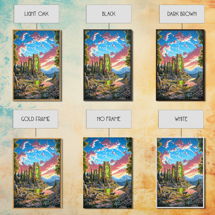 Sunset Stone Ruins With Green Portal Canvas Print, Fantasy Mountain Landscape Wall Art, Vibrant Nature Decor, Whimsical Goat Art
