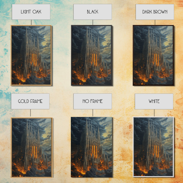 Fiery Gothic Cathedral In Storm Clouds Framed Canvas Print, Dark Fantasy Wall Art, Moody Medieval Decor For Dramatic Rooms