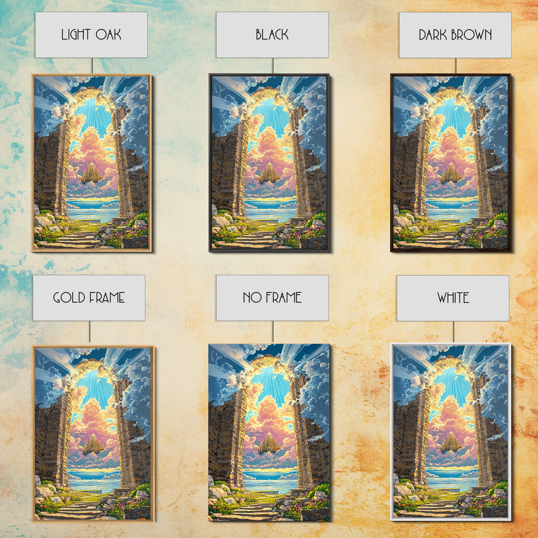 Stone Portal To Floating Castle Framed Canvas Print, Fantasy Landscape Wall Art, Magical Ruins Decor, Unique Gift For Her