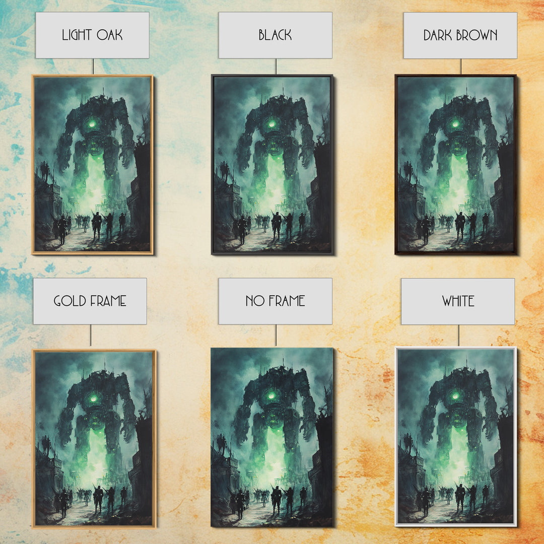 Green Glow Giant Robot Wall Art, Dark Sci Fi Dystopian City Canvas, Futuristic Mech Print, Gaming Room Decor Gift For Him