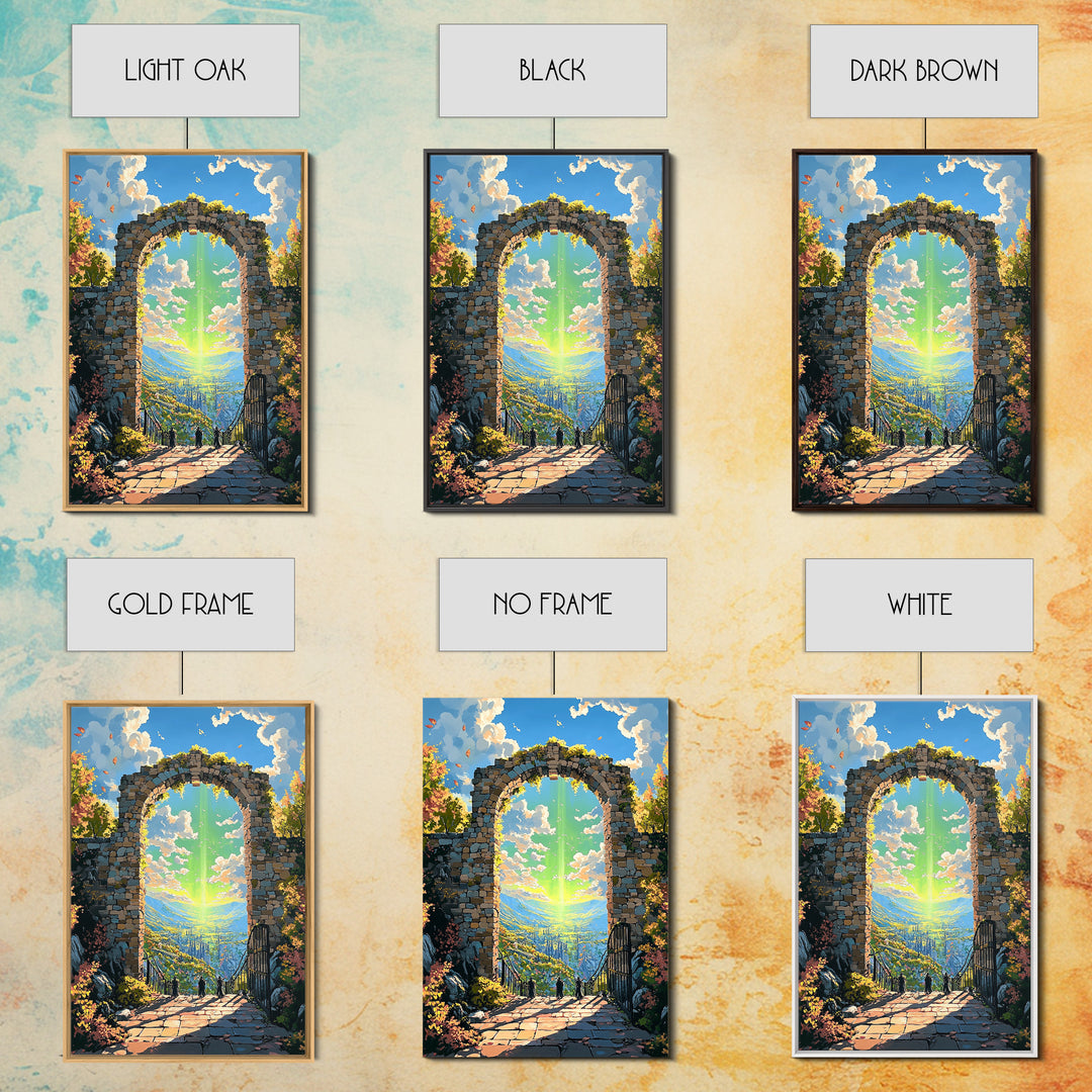 Sunlit Stone Arch Wall Art, Fantasy Coastal Ruins Canvas Print, Ocean Garden Path Landscape, Mediterranean Home Decor Gift