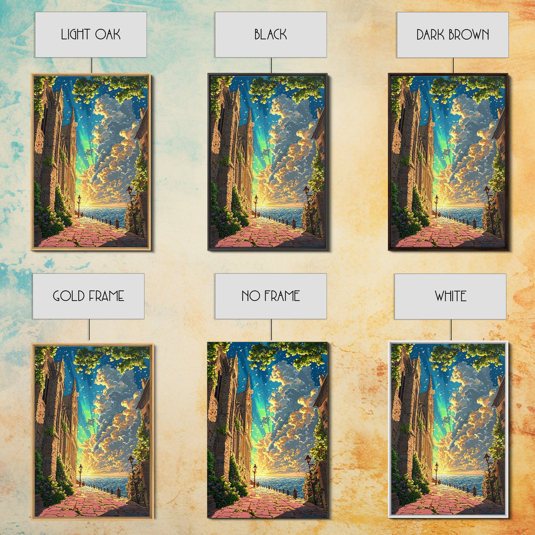 Seaside Gothic Cathedral Wall Art, Sunset Fantasy City Path Print, Aurora Sky Castle Decor, Whimsical Coastal Home Decor
