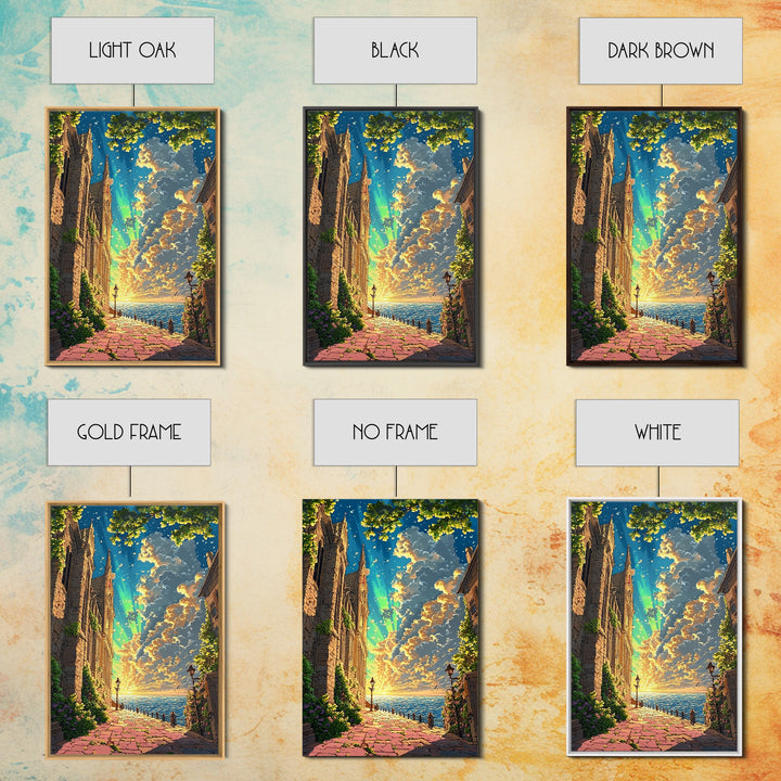 Seaside Gothic Cathedral Wall Art, Sunset Fantasy City Path Print, Aurora Sky Castle Decor, Whimsical Coastal Home Decor