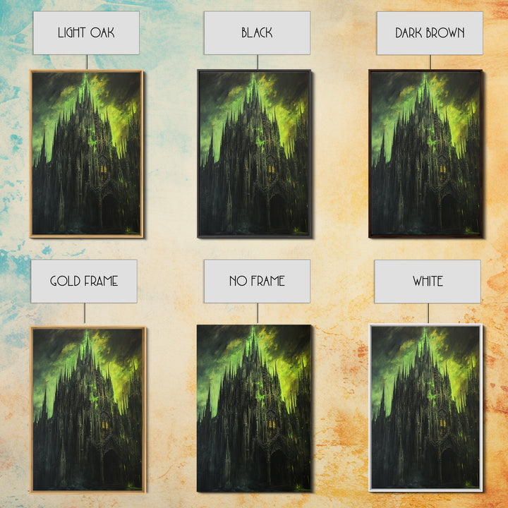 Dark Green Gothic Cathedral Wall Art, Moody Fantasy Castle Canvas Print, Black Spire Architecture, Dark Academia Decor Gift