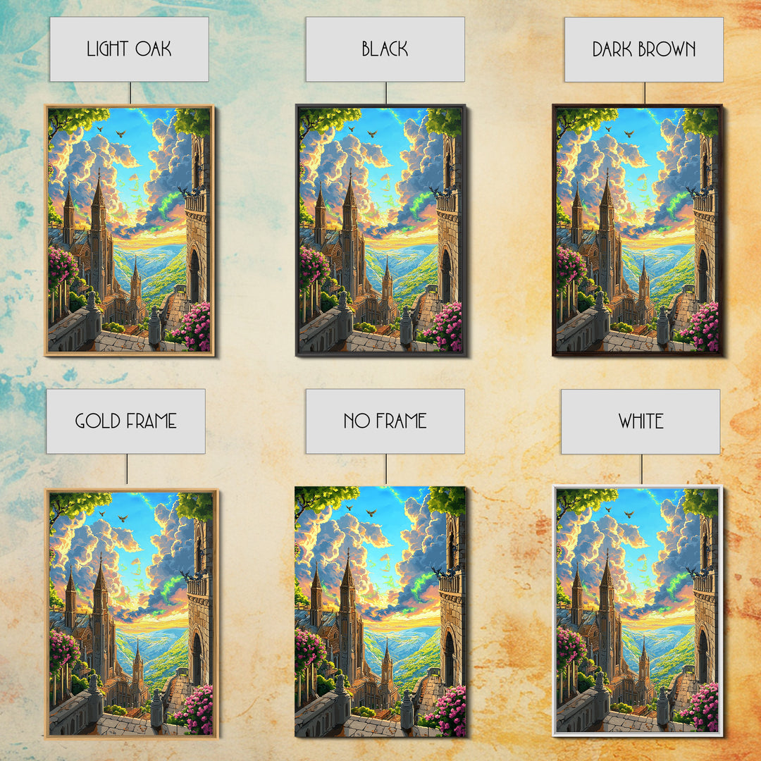 Sunlit Fantasy Cathedral Wall Art, Mountain Valley Castle Print, Floral Stone Balcony Landscape, Whimsical Home Decor Gift