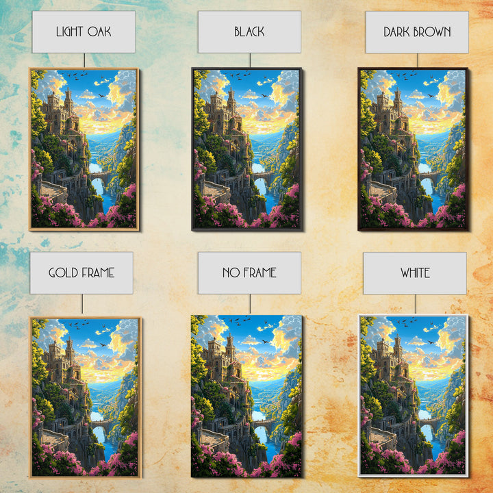 Cliffside Castle Garden Over Blue Valley Wall Art, Fantasy Landscape Print, Colorful Home Decor, Large Living Room Art, Gift