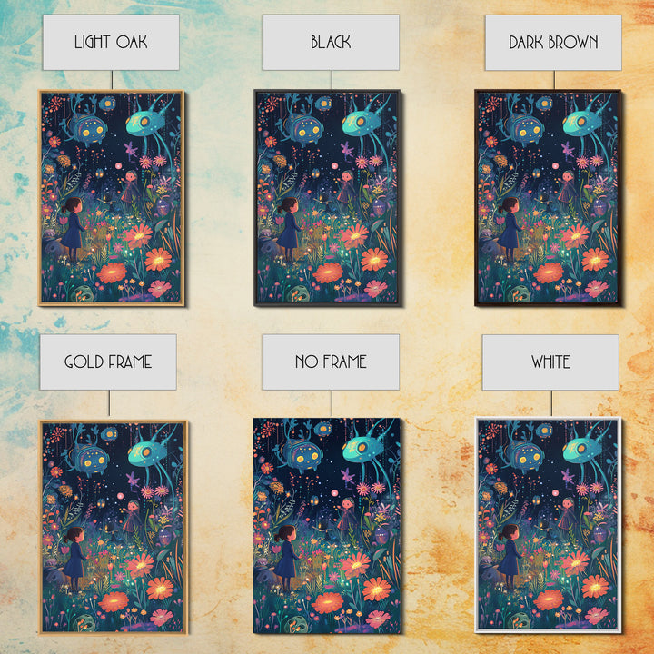 Whimsical Night Garden With Glowing Flowers Canvas Print, Kids Room Wall Art, Nursery Decor, Colorful Fantasy Art Gift Idea