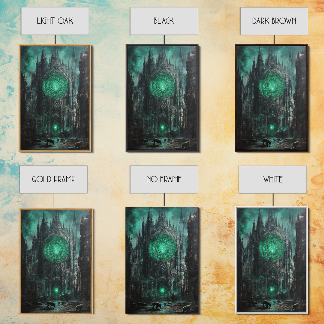 Emerald Rose Window On Dark Gothic Cathedral With Wolves Wall Art, Moody Fantasy Print, Dark Academia Office Decor For Living Room