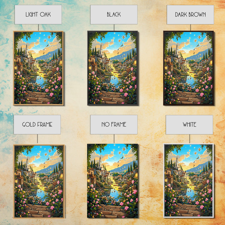 Sunlit Fantasy Village Canal With Flowers Canvas Print, Mediterranean Castle Wall Art For Living Room Decor Housewarming Gift