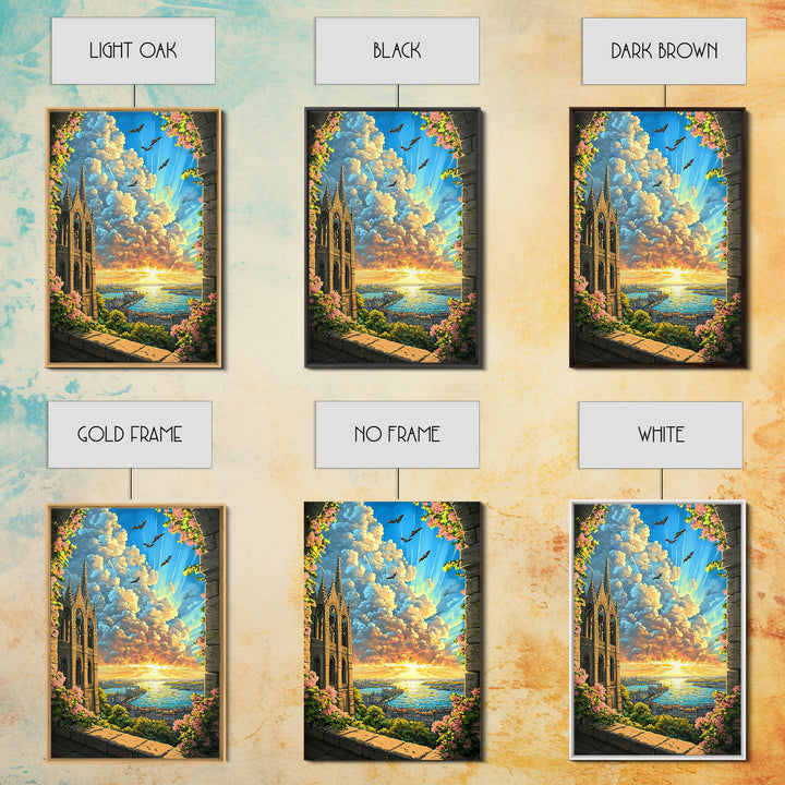 Gothic Cathedral Window At Golden Sunset Framed Canvas Print, Fantasy Landscape Wall Art For Bedroom Home Decor Gift For Her