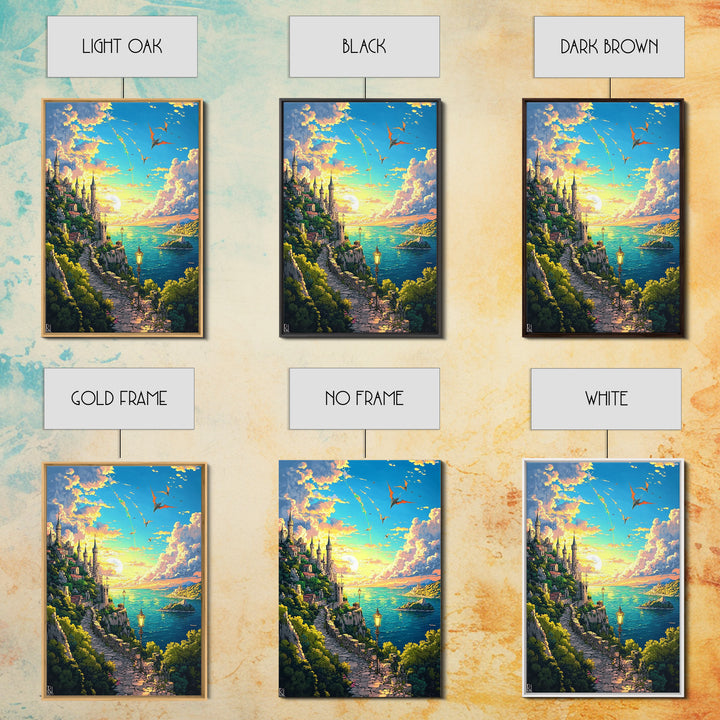 Sunset Seaside Castle Path With Dragons Canvas Print, Fantasy Coastal Wall Art For Living Room Home Decor Housewarming Gift