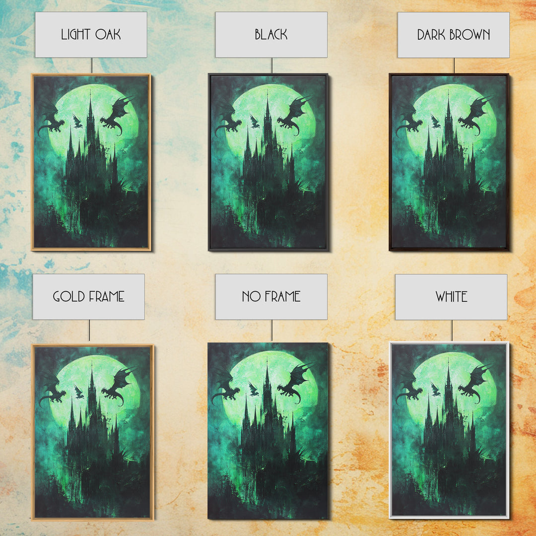 Green Moon Dragon Castle Framed Canvas Print, Gothic Dark Fantasy Wall Art For Moody Bedroom Decor Halloween Gift For Him