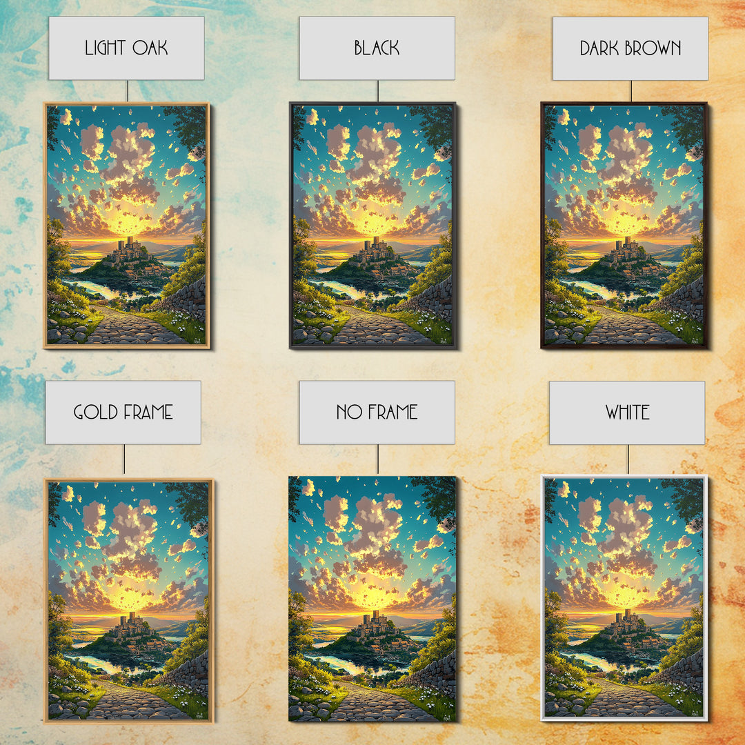 Sunrise Hilltop Castle Village Stone Path Canvas Print, Fantasy Landscape Wall Art For Living Room Decor Housewarming Gift