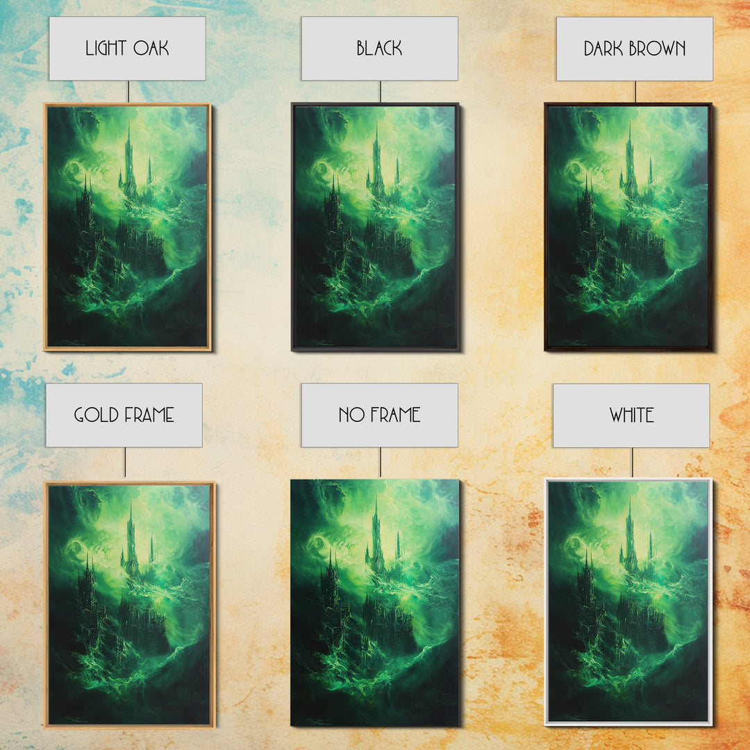 Emerald Gothic Floating Castle Large Canvas Print, Dark Fantasy Wall Art, Surreal Green Cityscape, Moody Home Decor Gift
