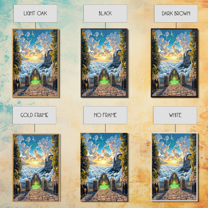 Glowing Cathedral Gate Above Cloud Sea Wall Art, Fantasy Landscape Print, Celestial Castle Decor, Large Framed Canvas Print
