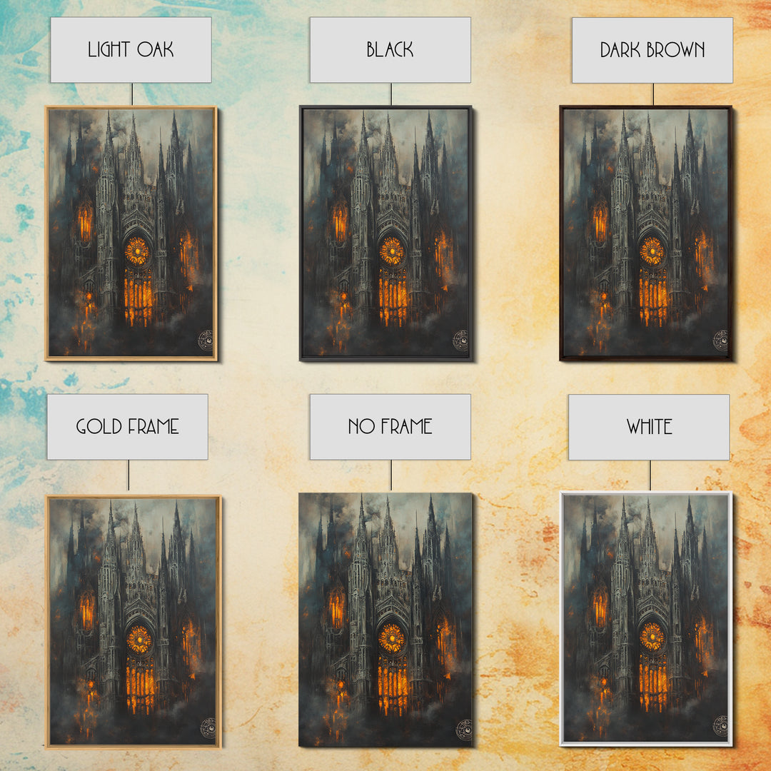 Burning Gothic Cathedral Canvas Print, Dark Fantasy Wall Art, Moody Architecture, Dark Academia Decor, Statement Artwork
