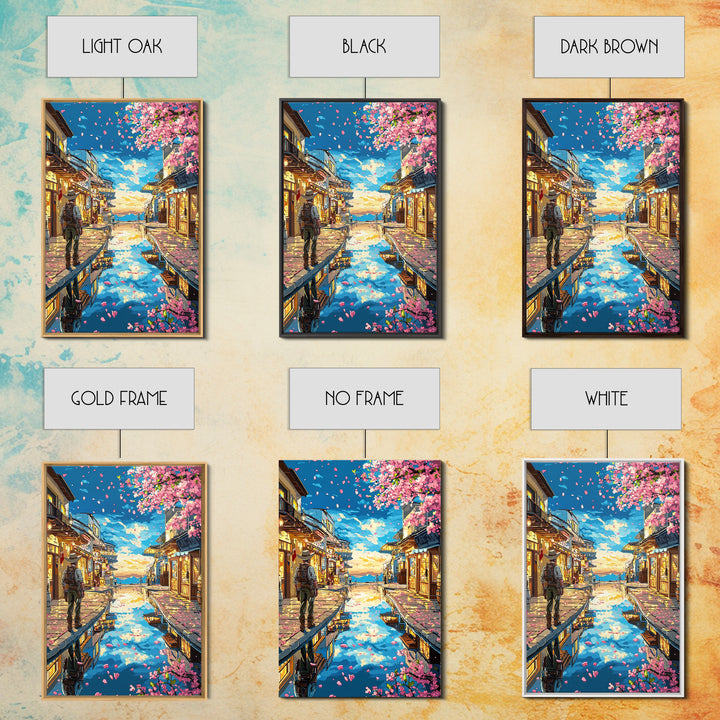 Cherry Blossom Canal Street Canvas Print, Japanese Wall Art, Kyoto Travel Poster, Reflective Water, Cozy Shop Decor, Home Decor