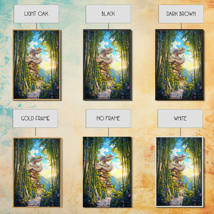 Sunlit Dragon Temple Bamboo Forest Wall Art, Japanese Fantasy Decor, Pagoda Landscape Print, Mystical Asian Home Decor Gift