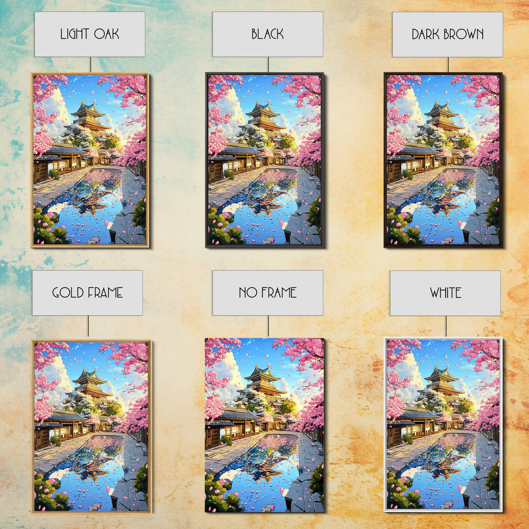 Cherry Blossom Castle Courtyard Reflection Canvas Print, Japanese Wall Art, Spring Landscape Decor, Pink Floral Art Gift