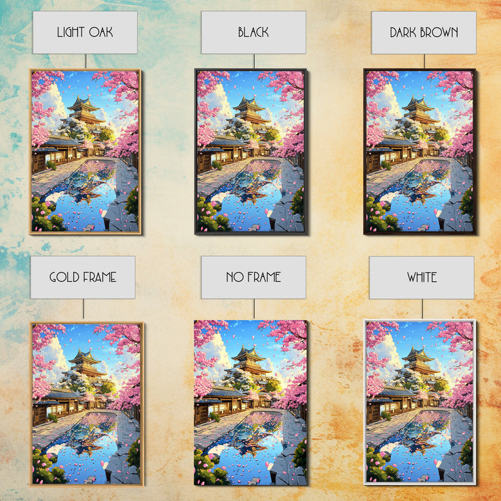 Cherry Blossom Castle Courtyard Reflection Canvas Print, Japanese Wall Art, Spring Landscape Decor, Pink Floral Art Gift