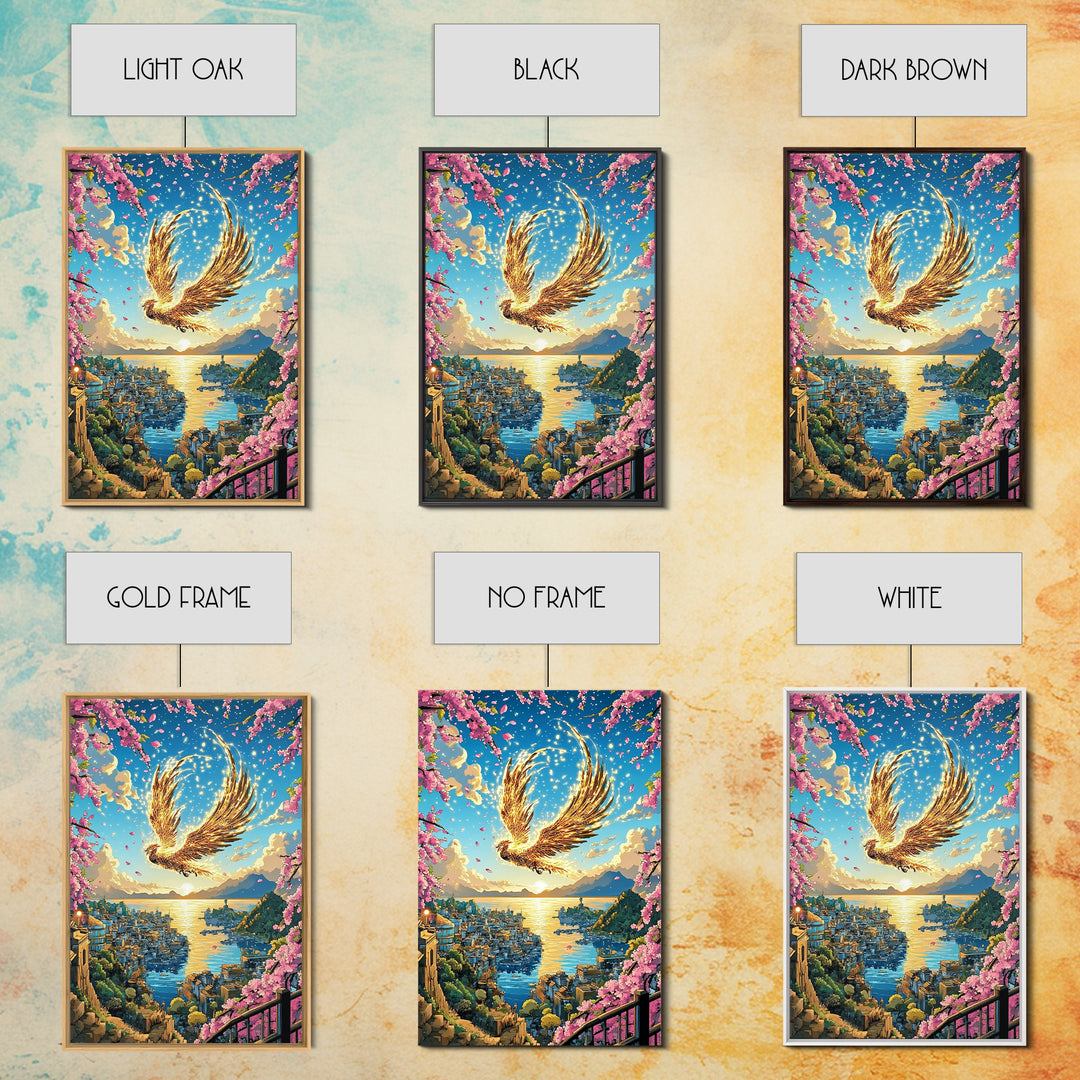 Golden Phoenix Over Harbor At Sunset Wall Art, Cherry Blossom Fantasy Print, Japanese Coastal Decor, Mythical Bird Poster