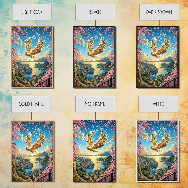 Golden Phoenix Over Harbor At Sunset Wall Art, Cherry Blossom Fantasy Print, Japanese Coastal Decor, Mythical Bird Poster