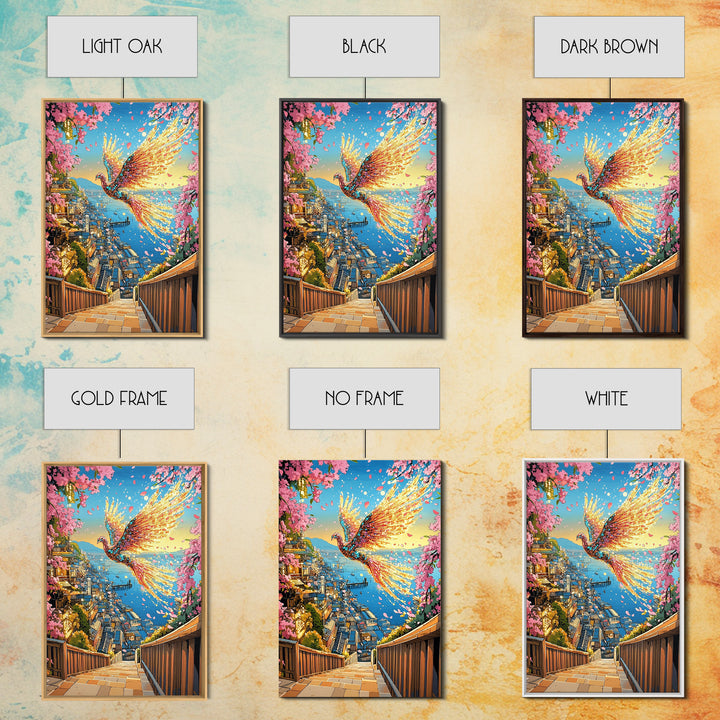 Fiery Phoenix Above Harbor Stairs Canvas Print, Cherry Blossom Japanese Wall Art, Vibrant Coastal Decor, Fantasy Gift For Her