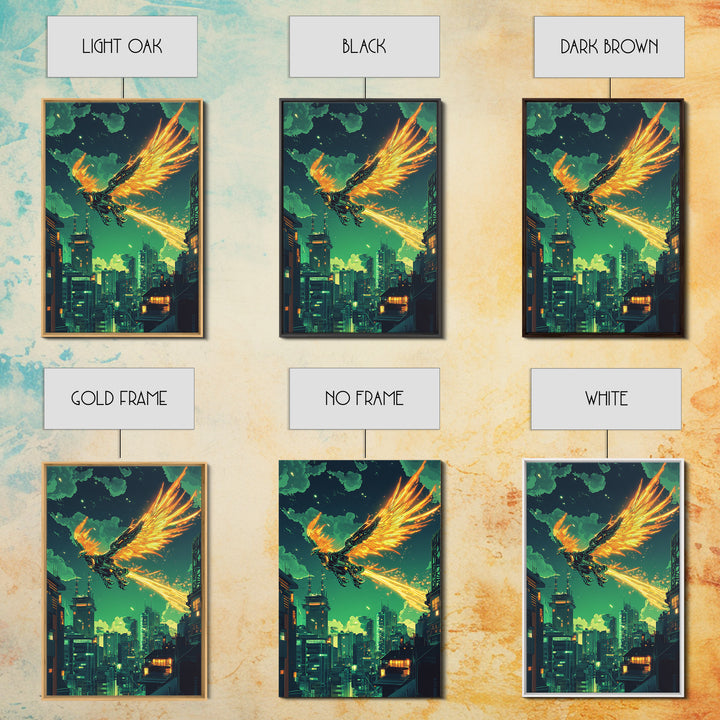 Glowing Phoenix Over Neon City Skyline Wall Art, Cyberpunk Fantasy Print, Sci Fi Decor, Futuristic Gaming Room Poster Gift