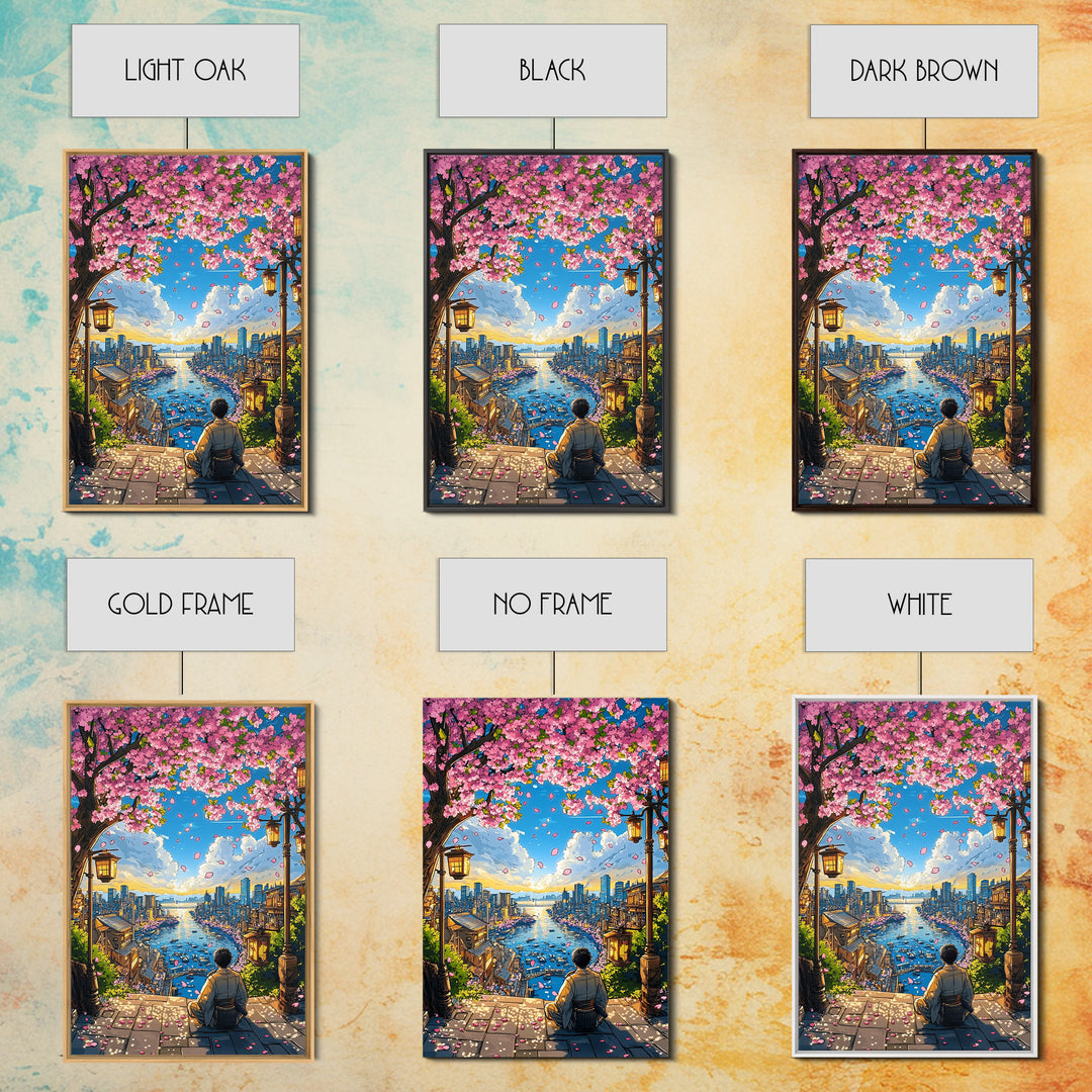 Cherry Blossom Harbor Meditation Wall Art, Japanese Anime Landscape Print, Sakura City Decor, Zen Living Room Decor, Home Decor Gift