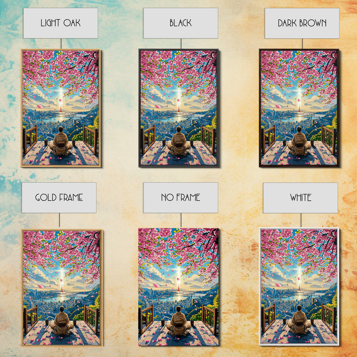 Cherry Blossom City Meditation Canvas Print, Japanese Sakura Landscape Wall Art, Zen Sunrise Decor, Modern Living Room Art