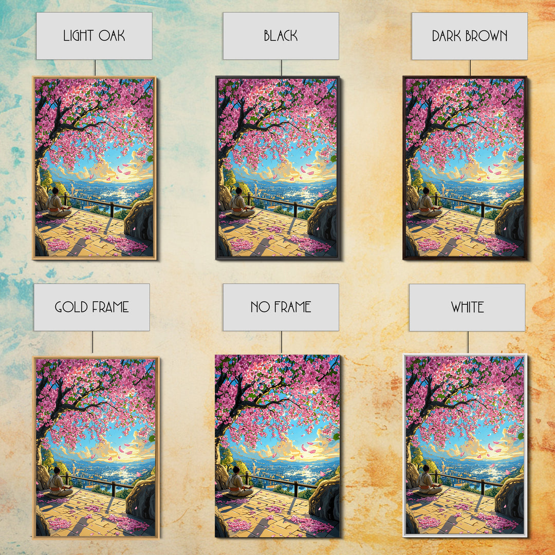 Sakura Terrace Sunset Meditation Wall Art, Japanese City Landscape Print, Cherry Blossom Decor, Zen Bedroom Wall Art, Home Decor Gift