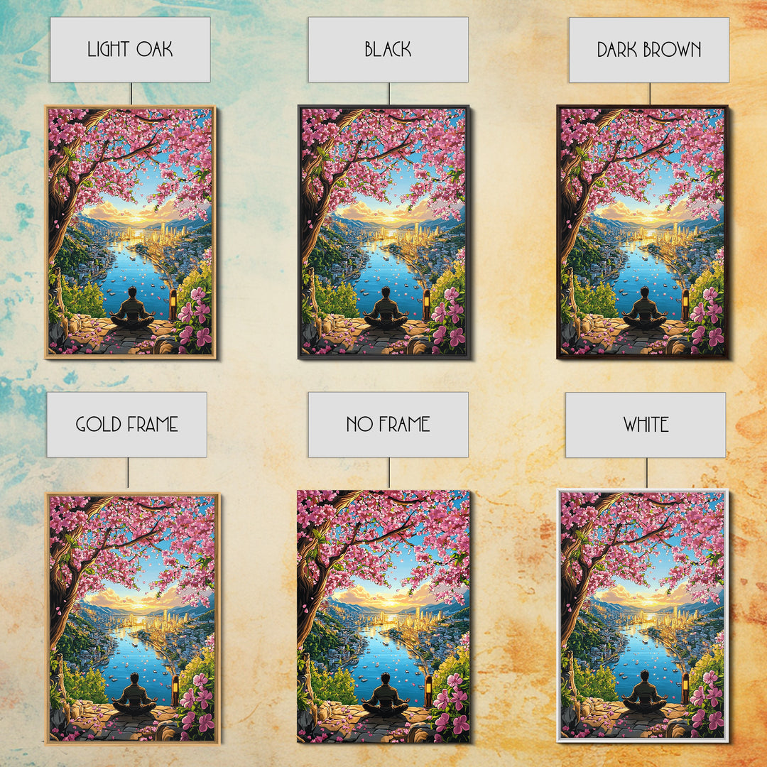 Golden Harbor Sakura Meditation Framed Canvas Print, Japanese Landscape Wall Art, Zen City Decor, Large Living Room Art Print