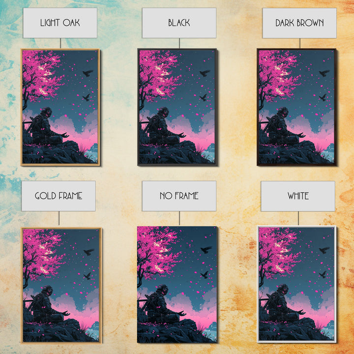 Cyberpunk Warrior Sakura Night Framed Canvas Print, Neon Sci Fi Wall Art, Pink Cherry Blossom Decor, Futuristic Poster, Gift For Him